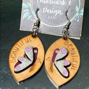 Wood laser work “Beautiful” butterfly earrings hand crafted boutique new